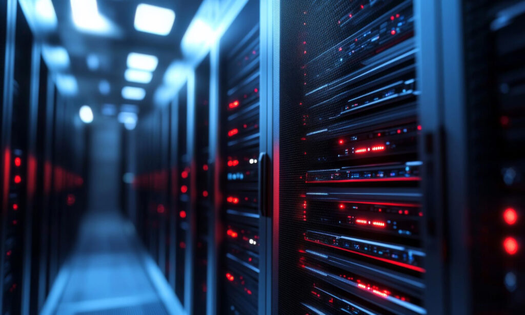 IT-Sicherheit: Gang zwischen beleuchteten Server-Racks in einem Rechenzentrum