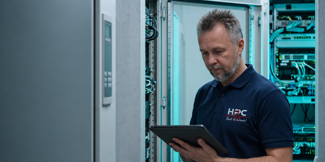 Günter Geisler von Highlight PC prüft die Backups am Tablet vor einem Serverschrank