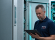 Günter Geisler von Highlight PC prüft die Backups am Tablet vor einem Serverschrank