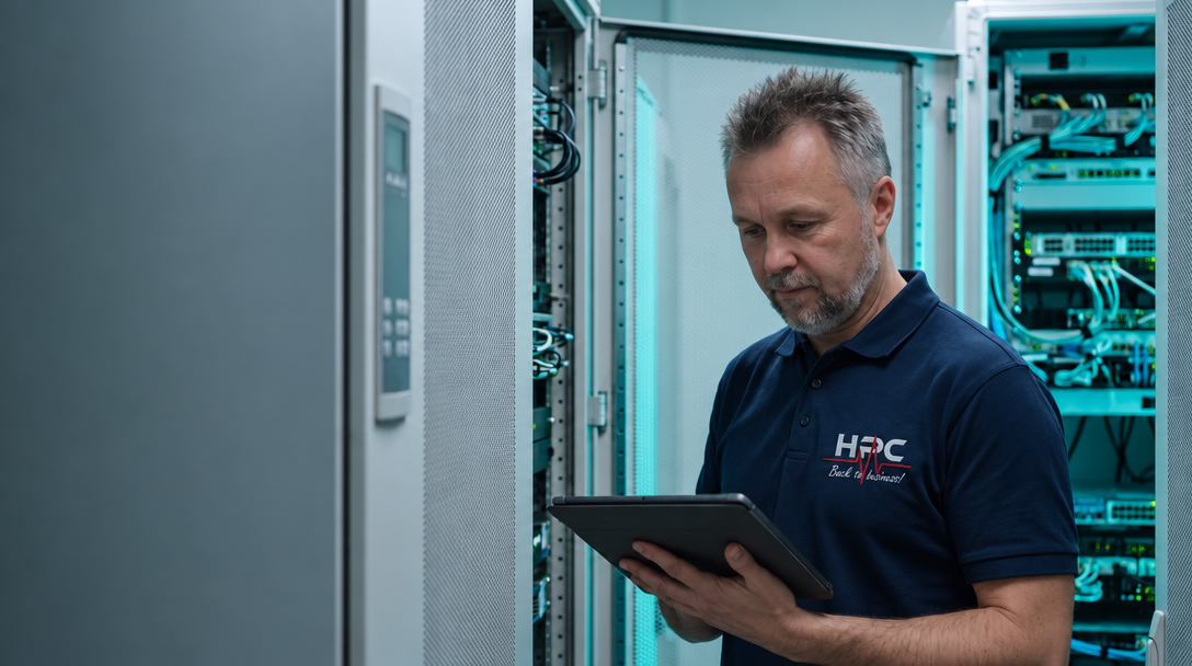 Günter Geisler von Highlight PC prüft die Backups am Tablet vor einem Serverschrank