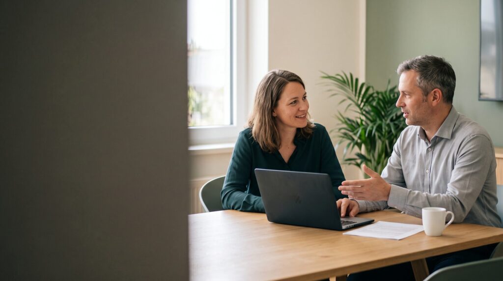 Zwei Personen im Beratungsgespräch an einem Besprechungstisch mit Notebook