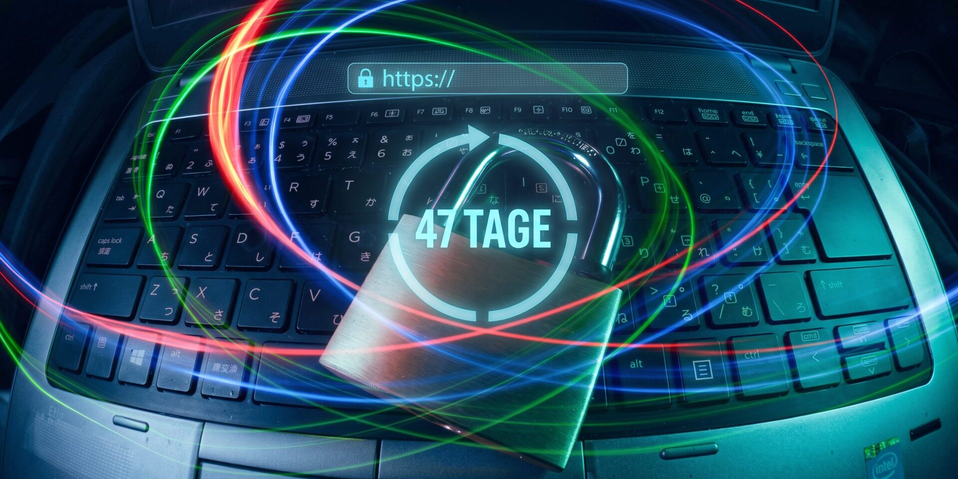Schloss auf Laptop mit HTTPS-Symbol und Hinweis auf 47 Tage Zertifikatslaufzeit