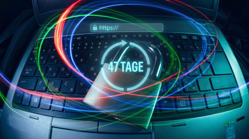 Schloss auf Laptop mit HTTPS-Symbol und Hinweis auf 47 Tage Zertifikatslaufzeit