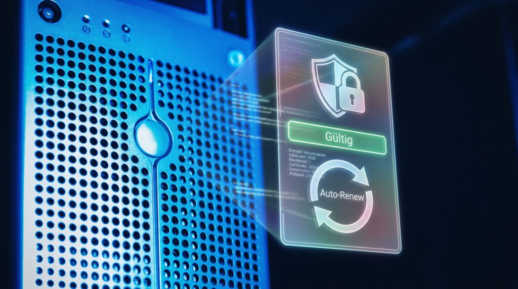 Server-Rack mit eingeblendetem SSL-Zertifikat und automatischer Verlängerung
