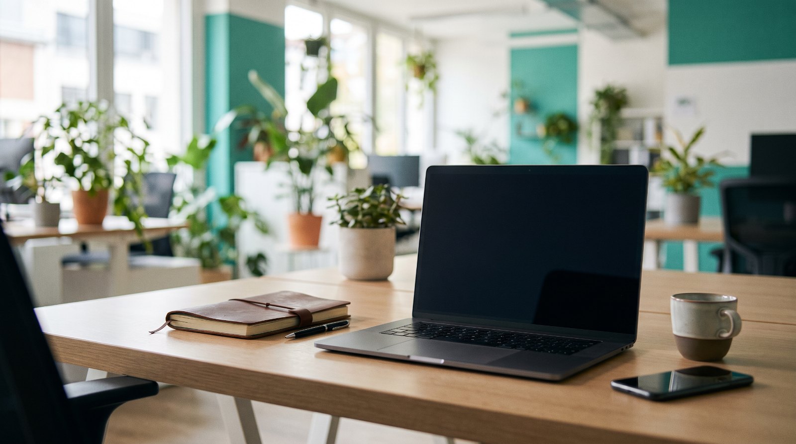 Büroarbeitsplatz mit Laptop, Notizbuch und Smartphone in einem hellen Büro