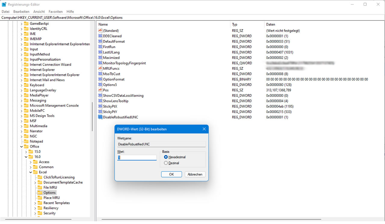 Registrierungs-Editor mit dem Wert DisableRobustifiedUNC gegen Excel schreibgeschützt