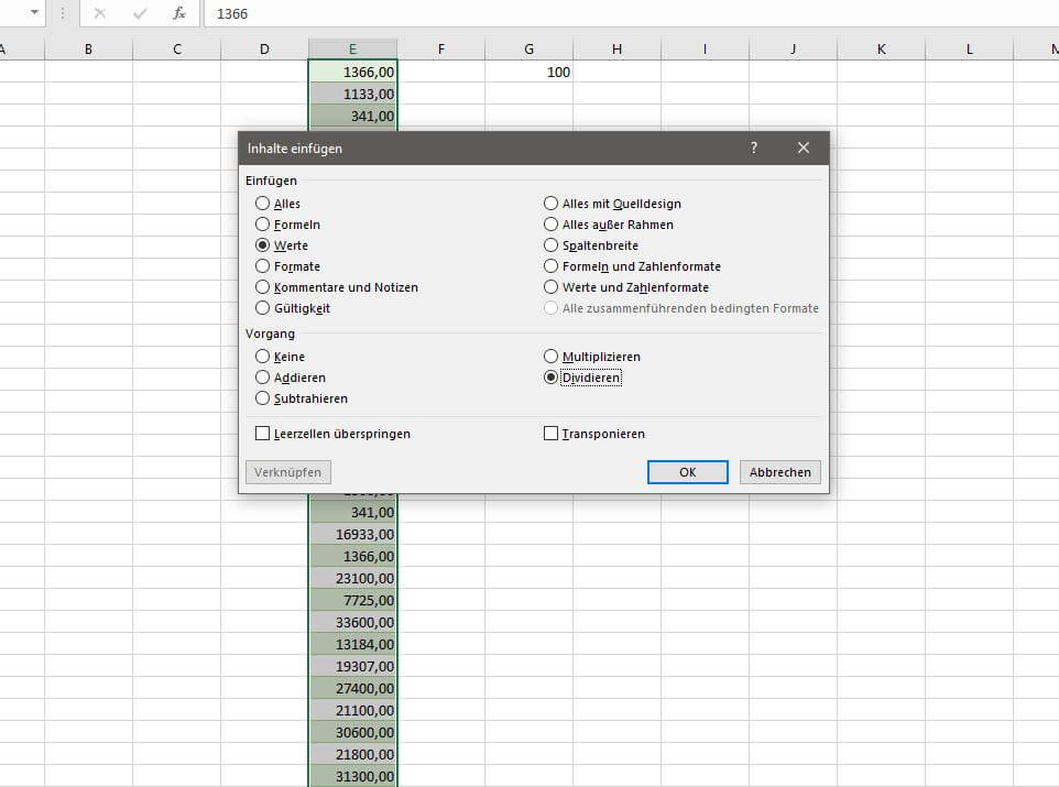 Excel Komma verschieben: Fenster „Inhalte einfügen“ mit den Optionen Werte und Dividieren