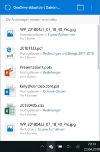 OneDrive-Fenster mit der Liste der synchronisierten Dateien, wenn OneDrive hängt