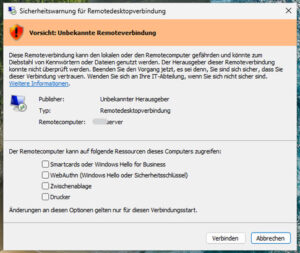 Remote-Desktop-Sicherheitsdialog mit Warnung vor einer unbekannten Remoteverbindung