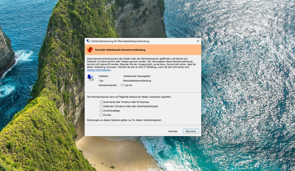 Windows-Sicherheitswarnung für die Remotedesktopverbindung mit Hinweis auf einen unbekannten Remotecomputer