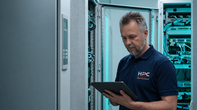 Günter Geisler von Highlight PC prüft die Backups am Tablet vor einem Serverschrank
