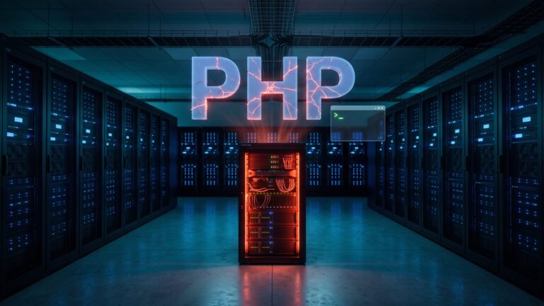 Serverraum mit Warnlicht und rissigem PHP-Schriftzug als Symbol für die Sicherheitslücke PHP2Shell