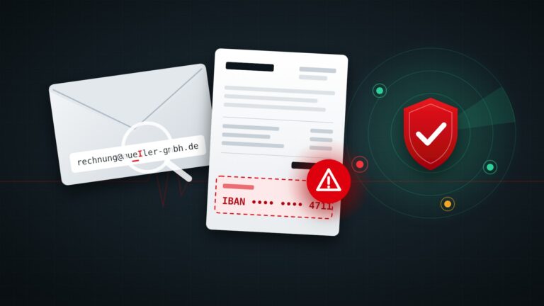 Gefälschte Rechnung mit neuer Bankverbindung, Absender mit vertauschtem Buchstaben und Schutzschild mit Partner-Radar