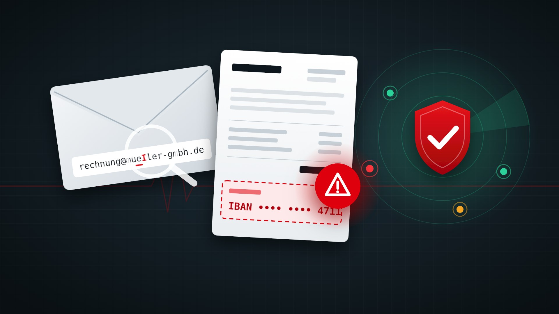 Gefälschte Rechnung mit neuer Bankverbindung, Absender mit vertauschtem Buchstaben und Schutzschild mit Partner-Radar